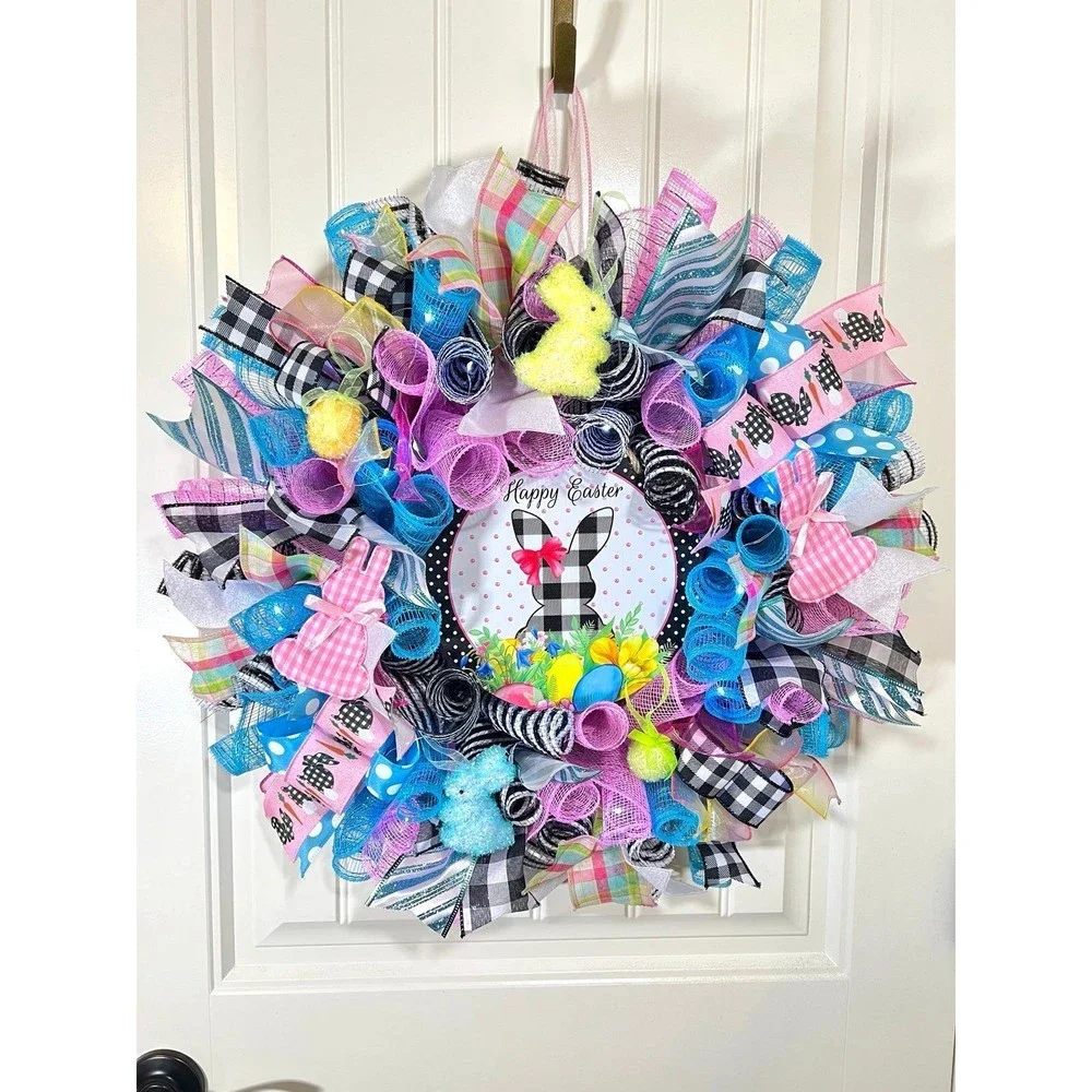 Handmade Spring Happy Easter Bunny Prelit Ribbon Wreath 22 in LED W17